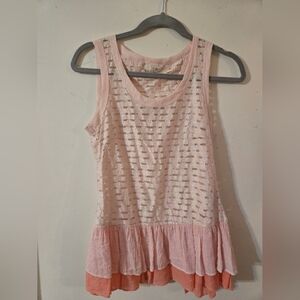Anthropologie A'reve Mesh Coral Pink Open Back Sleeveless Ruffle Blouse Size Sm